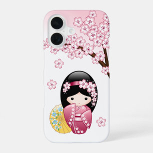 Coque iPhone 16 Poupée Kokeshi de printemps - Geisha japonaise mig