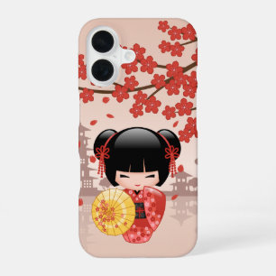 Coque iPhone 16 Poupée Kokeshi Sakura Rouge - Geisha Japonaise