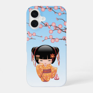 Coque iPhone 16 Poupée Kokeshi Ume - Fille Geisha Japonaise Bleue