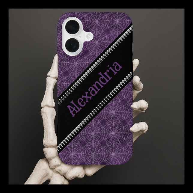 Coque iPhone 16 Purple Spiderweb Motif Personnalisé Nom & Crânes (Créateur téléchargé)