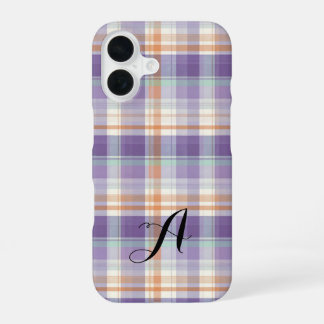 Coque iPhone 16 Purple Tartan Plaid Monogram Design