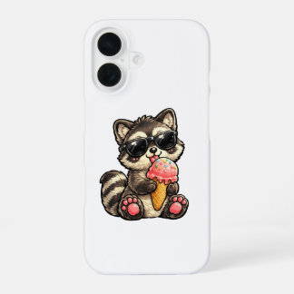 Coque iPhone 16 Raton laveur mignon avec glace et lunettes de sole