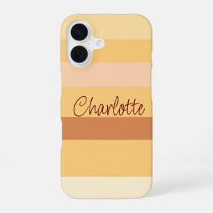 Coque iPhone 16 Rayures beige et marron nom personnalisé