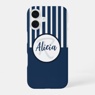 Coque iPhone 16 Rayures Bleues et Blanches avec Bloc de Couleur