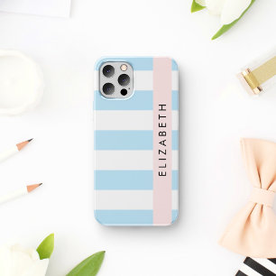Coque iPhone 16 Rayures bleues, motif rayé, lignes, votre nom