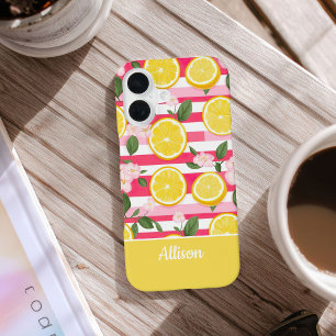 Coque iPhone 16 Rayures roses personnalisées Motif été citron