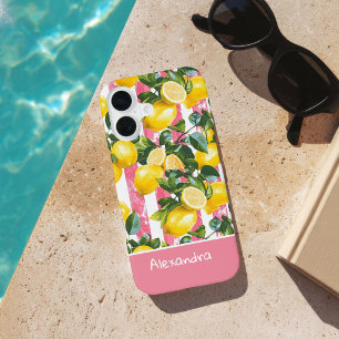 Coque iPhone 16 Rayures roses personnalisées Motif été citron