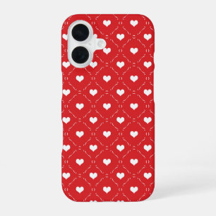 Coque iPhone 16 Réseau Géométrique Classique Cœur Rouge Blanc