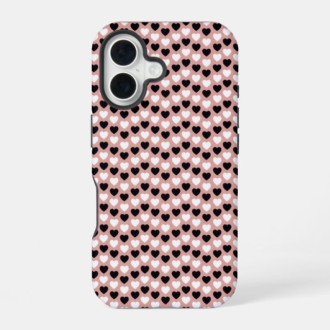 Coque iPhone 16 Retro Hearts Pink Black & White (Verso)
