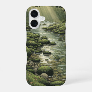 Coque iPhone 16 Rivière limpide vintage entre rochers moussus