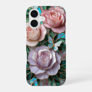 Coque iPhone 16 Roses roses blanches élégantes en verre verni