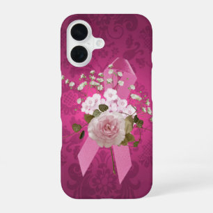 Coque iPhone 16 Ruban rose sur damas magenta