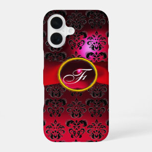 Coque iPhone 16 ruban rouge burgundy en DAMASK GIRLY MONOGRAMME