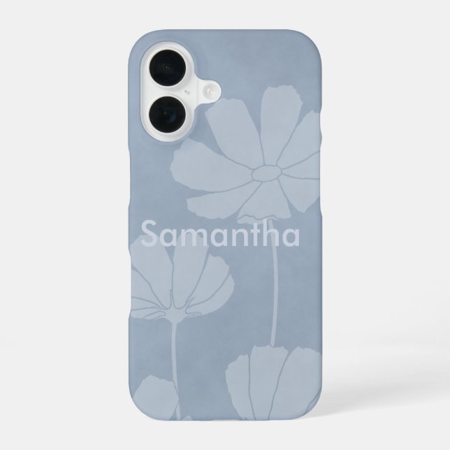 Coque iPhone 16 Silhouette défraîchie de Cosmos Fleurs sur bleu pâ (Verso)