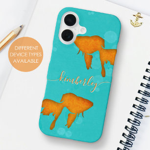 Coque iPhone 16 Silhouettes orange de poisson rouge Turquoise Nom 