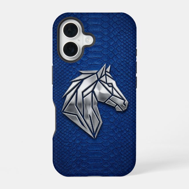Coque iPhone 16 Silver Chrome Geometric Horse Blue Python iPhone (Verso)