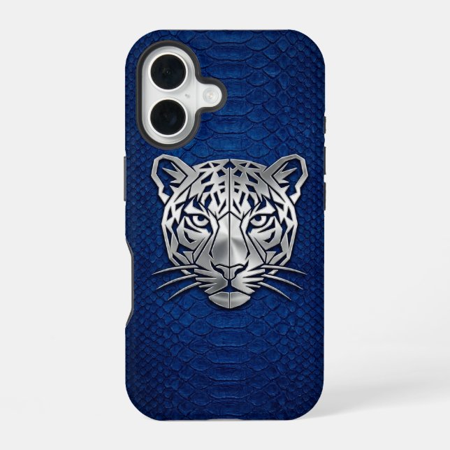 Coque iPhone 16 Silver Geometric Tiger Blue Snakeskin iPhone 16  (Verso)