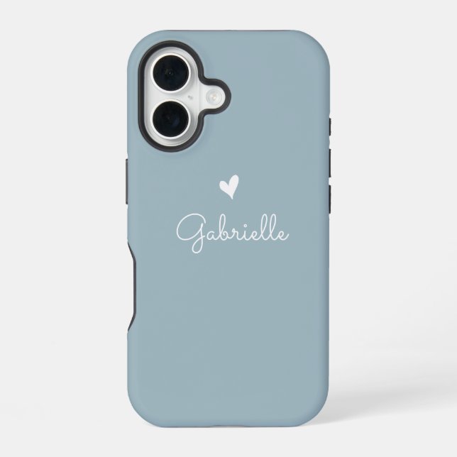 Coque iPhone 16 Simple Dusty Blue Heart avec nom de script (Verso)