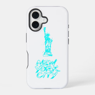 Coque iPhone 16 Statue de la Liberté de New York City Néon Cyan Pi