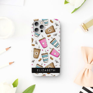 Coque iPhone 16 Tasses à café, grains de café, cœurs, votre nom