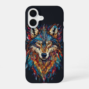 Coque iPhone 16 Tête de loup en vitrail coloré