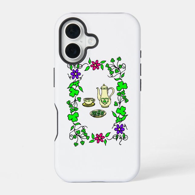 Coque iPhone 16 Thème ensemble à thé irlandais Saint-Patrick (Verso)