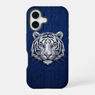 Coque iPhone 16 Tigre Géométrique Chrome Argent Python Bleu iPhone