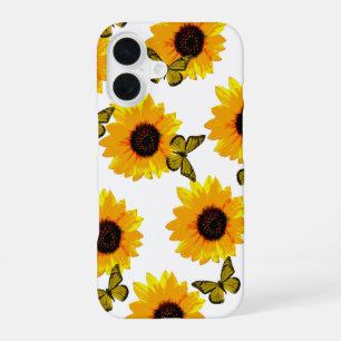 Coque iPhone 16 Tournesols jaunes et papillons,