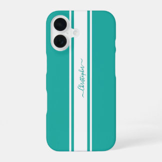 Coque iPhone 16 Turquoise Moderne White Racing Grilles Monogrammed