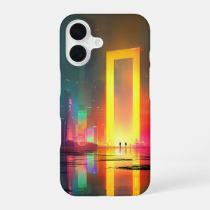 Coque iPhone 16 Ville futuriste avec portail néon radieux