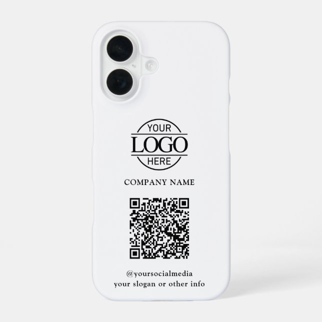 Coque iPhone 16 White Modern Business Logo & QR Code Promotional (Verso)