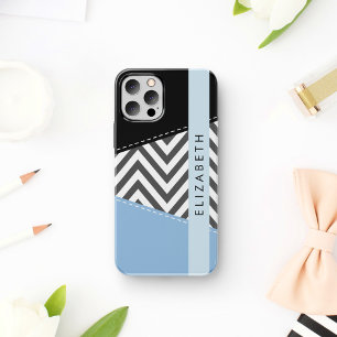 Coque iPhone 16 Zigzag gris, Chevron gris, Bleu, Votre nom