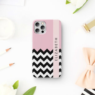 Coque iPhone 16 Zigzag Noir et Blanc, Chevron, Rose, Votre Nom