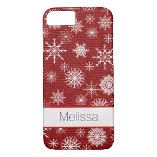 Coque iPhone 7   FAUX Burlap, Snowflakes - Rouge
