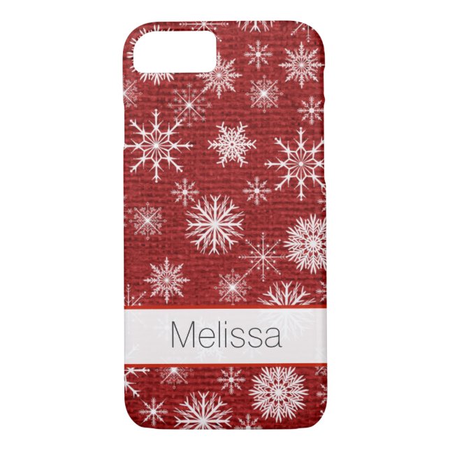 Coque iPhone 7 | FAUX Burlap, Snowflakes - Rouge (Dos)