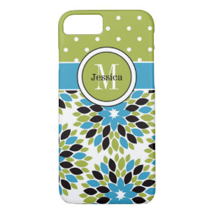 Coque iPhone 7   Floral, points   Bleu, Vert 2