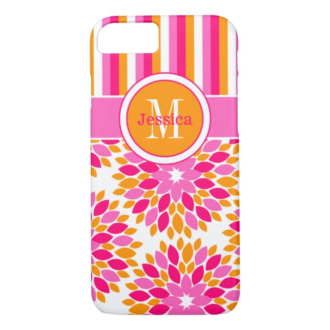 Coque iPhone 7 | Floral, Rayures | Rose, orange (Dos)