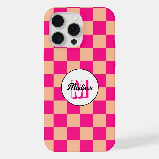 Coque iPhone à damiers carré pêche rose chaud rétro Monogramme (Verso)
