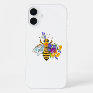 Coque iPhone 16 Plus Abeille à fleurs avec plantes sauvages