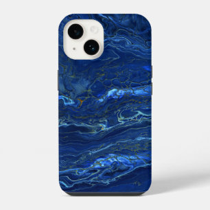 Coque Pour iPhone 14 Abstraction Acrylique Marbre Bleu Nuit & Or Faux