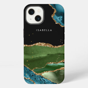 Etui iPhone 13 Agate Aqua/Vert personnalisée avec veines de paill