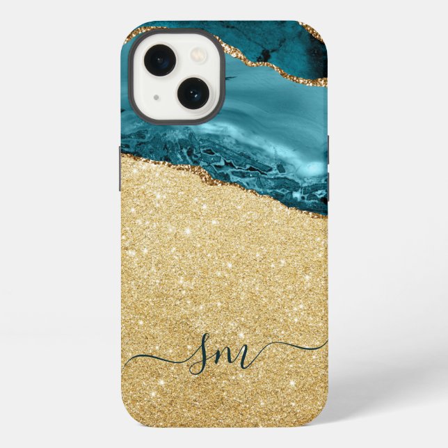 Coque iPhone Agate Bleu turquoise Monogramme Script Pierre Or (Verso)