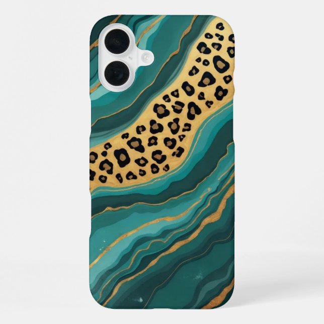 Coque iPhone Agate léopardée sarcelle et or (Verso)