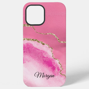 Coque iPhone 12 Pro Max Agate Rose, Blanc & Or, texte personnalisé noir