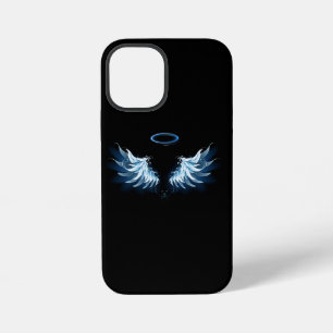 Coque iPhone 12 Mini Ailes d'ange bleues lumineuses sur fond noir