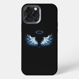 Etui iPhone 13 Pro Max Ailes d'ange lumineuses bleues sur fond noir