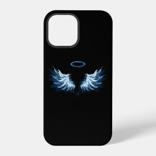 Coque iPhone 12 Pro Ailes d'ange lumineuses bleues sur fond noir