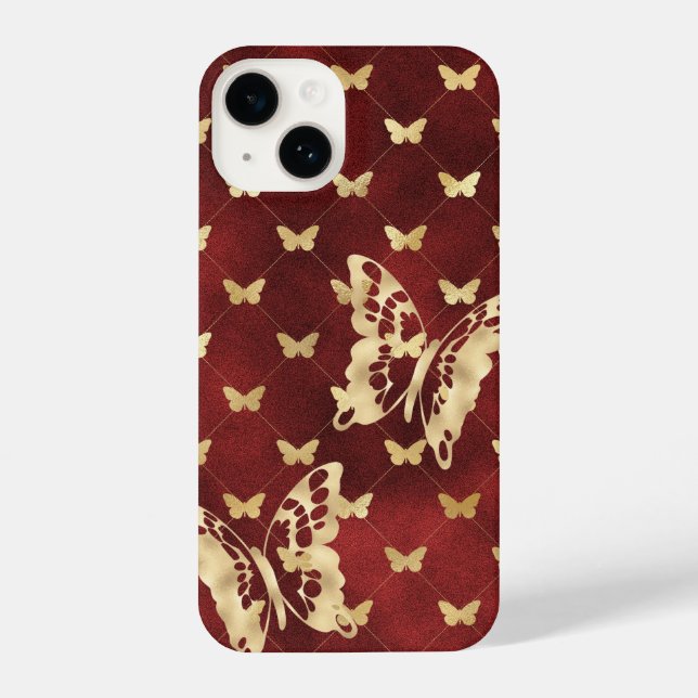 Coque iPhone Amaranth Velvet Golden Butterflies iPhone 14 Coque (Verso)