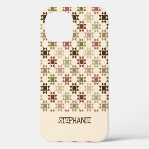 Coque iPhone 12 Pro Amish Quilt Print Cream, Brown Personnalisé