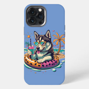 Etui iPhone 13 Pro Max Amusement d'été avec un Cool Husky Dog mignon en p